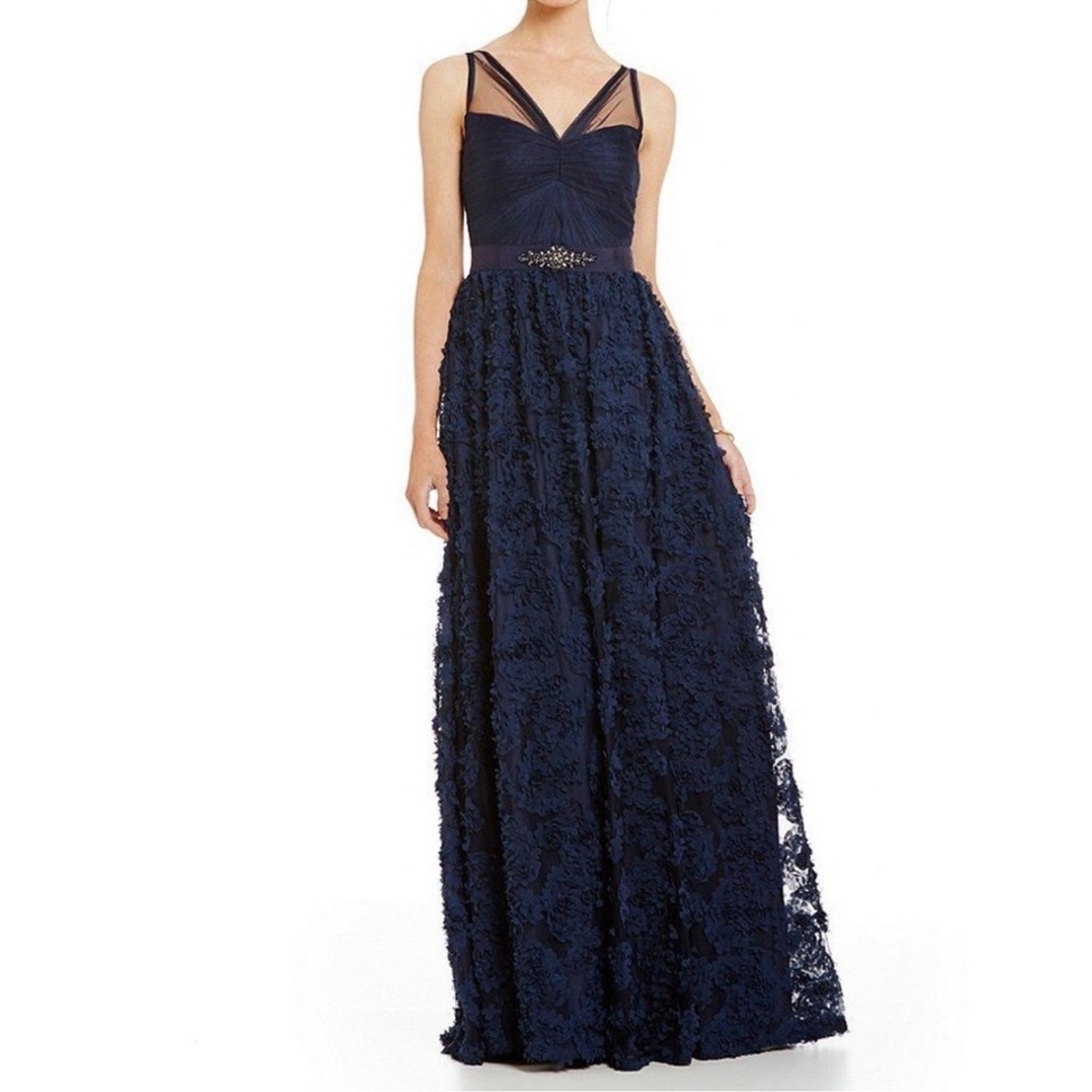 Adrianna-Papell rosette mesh Jewels illusion Neckline long gown - Picture 9 of 13